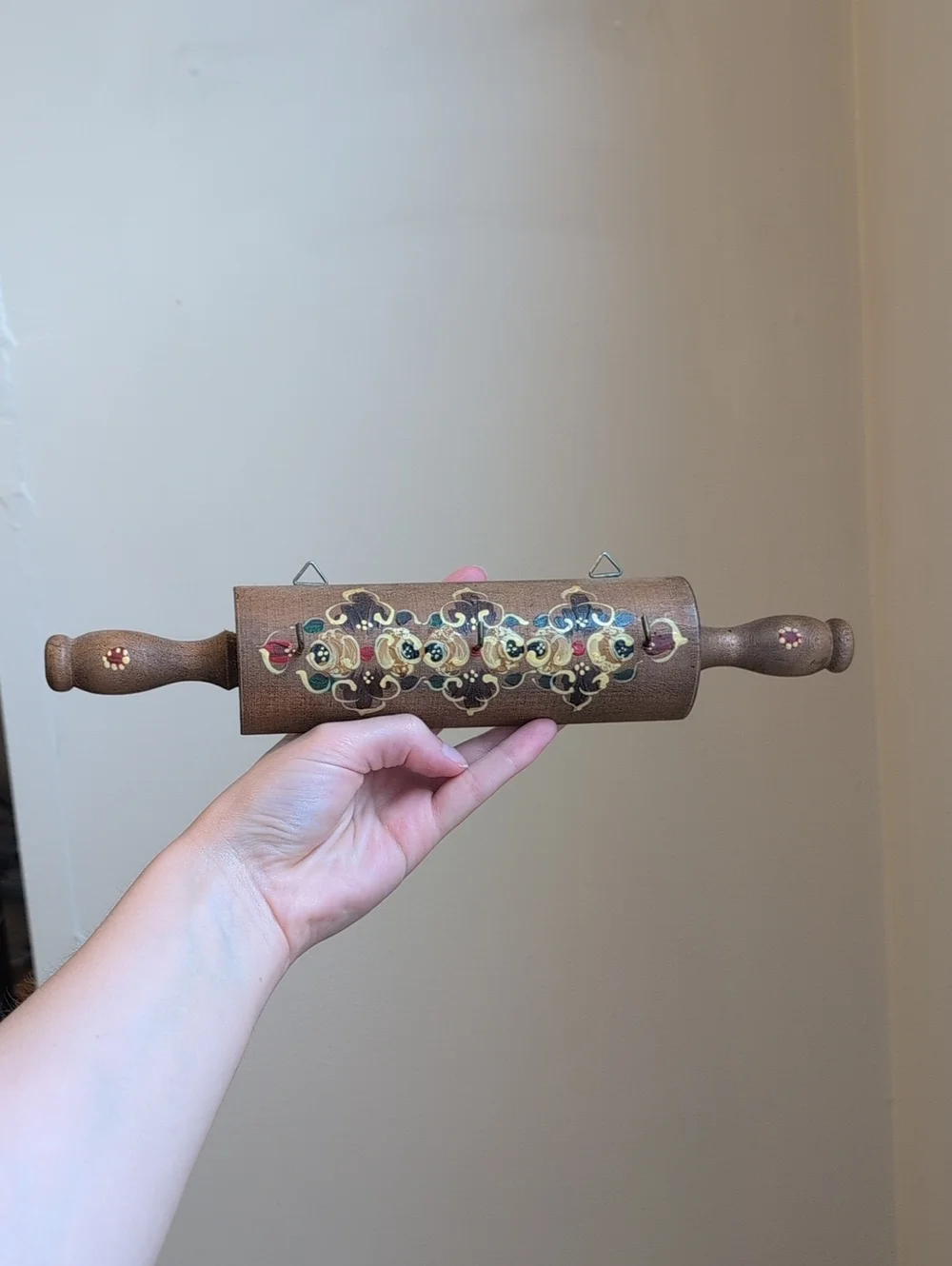 Hand-Painted German Wooden Rolling Pin Kotchen Wall Decor Hook - Floral Motif